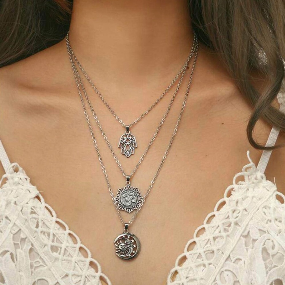 Vintage 3-Layer Palm Pendant Necklace Sun new - Picture 6 of 6